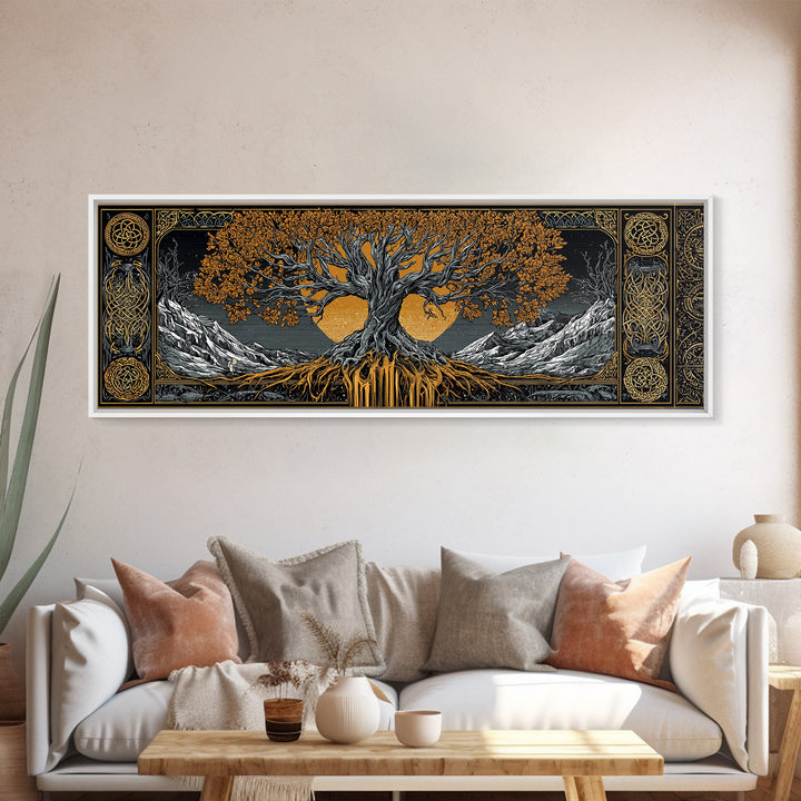 Yggdrasil Canvas Gold Art Nordic Wall Decor, Viking Mythology Canvas Art Framed in Natural Wood, Man Cave or Office Art