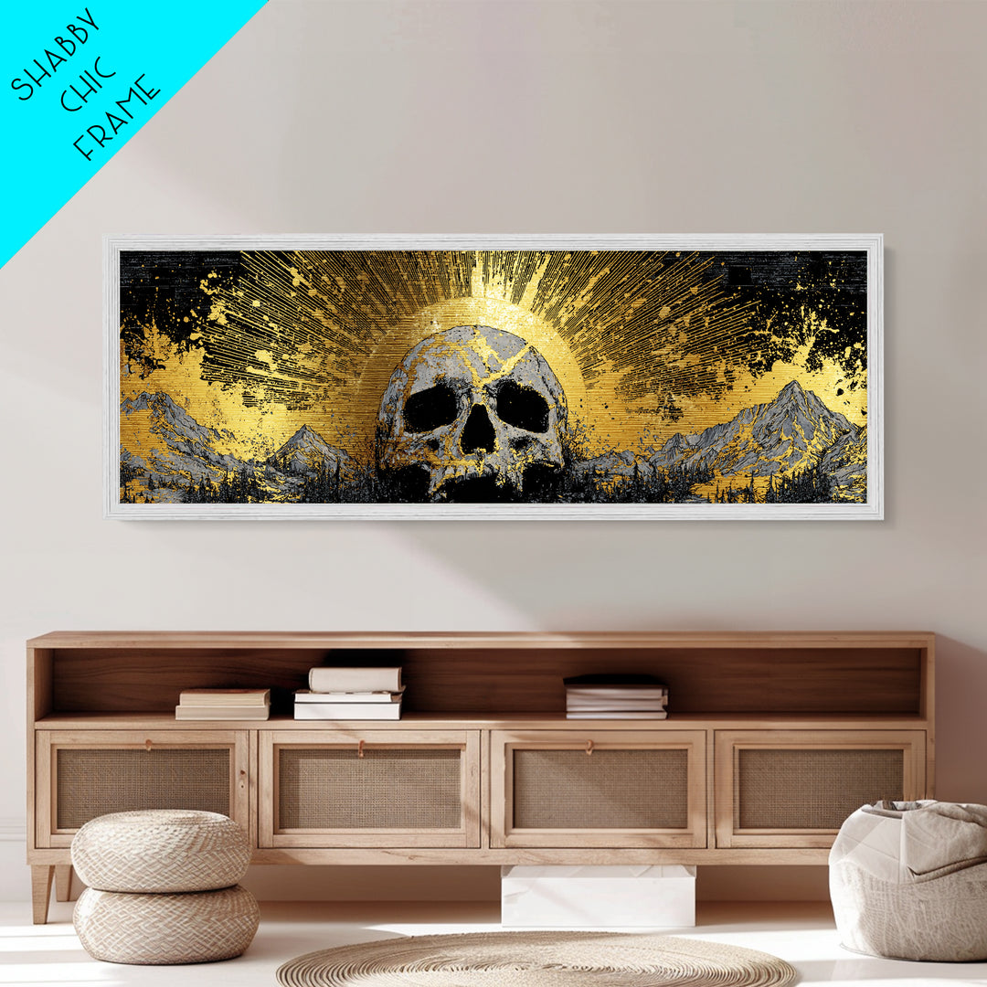 Nordic Mythology Metallic Gold Art, Ymir Skull Landscape Metal Art with Natural Wood Frame, Viking Man Cave Wall Decor