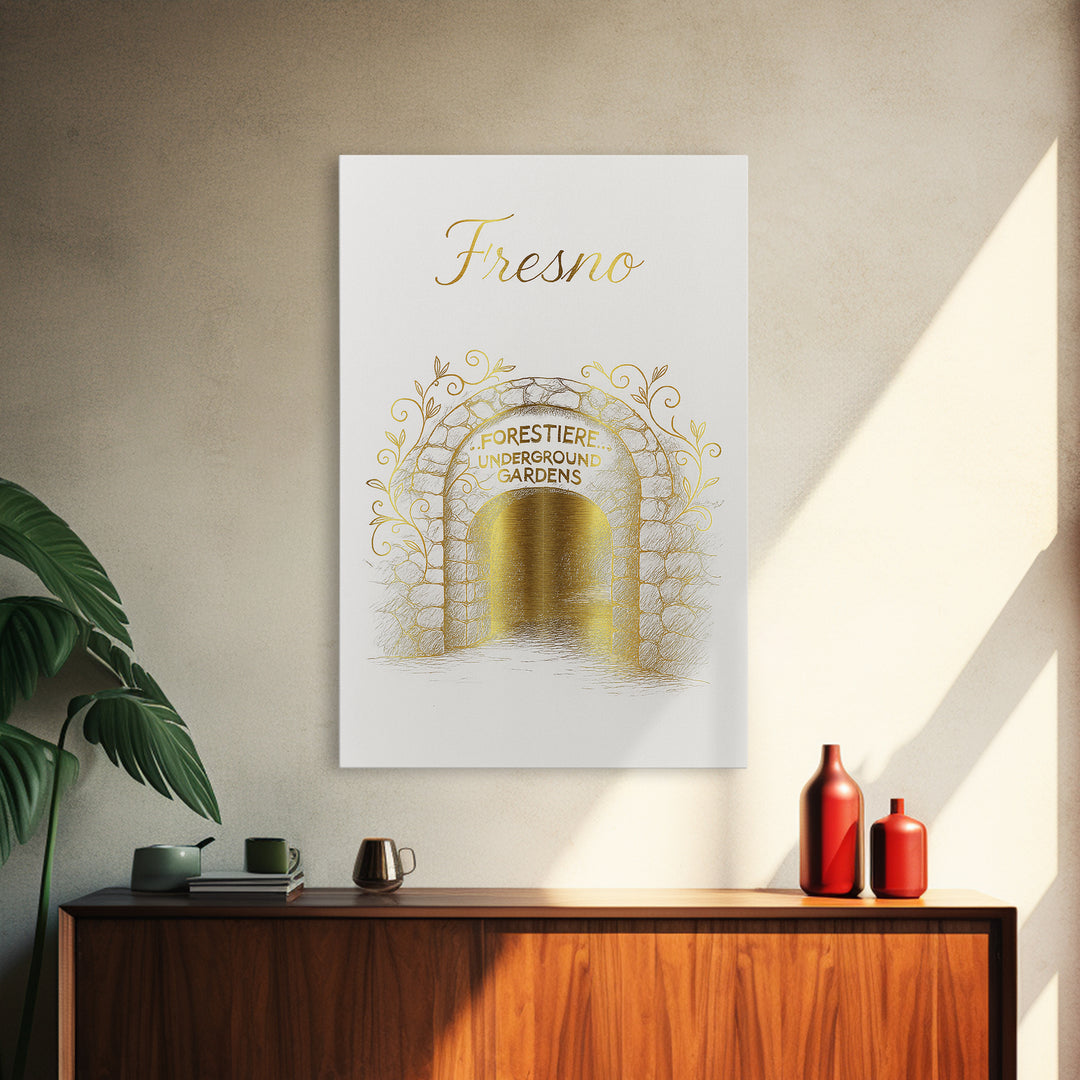Fresno Travel Poster, Framed Canvas Print, Gold Outline Poster Art, Fresno Poster Print, Mid Century Wall Art, Gift For Travelers
