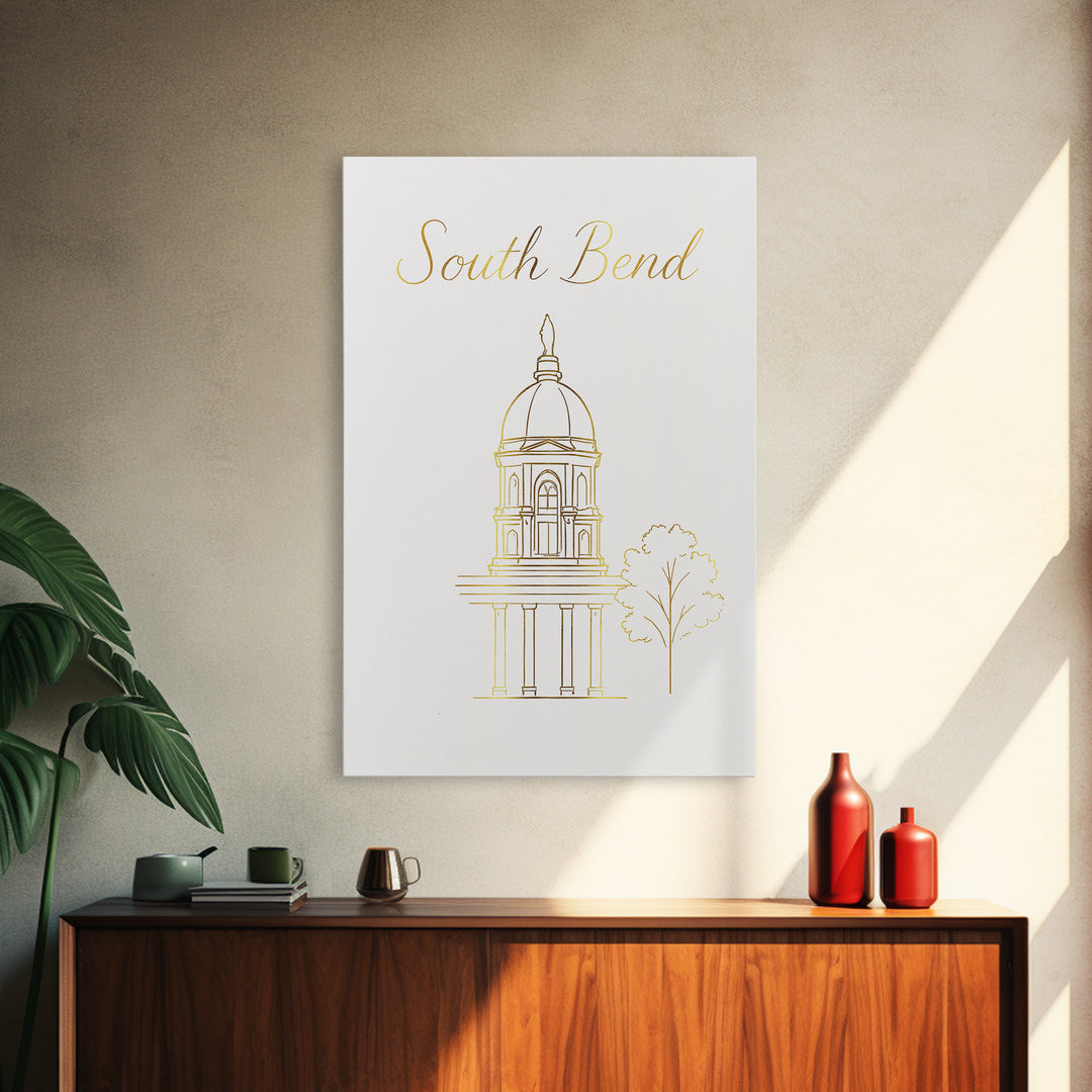 South Bend Travel Poster, Framed Canvas Print, Clean Sketch Wall Art, South Bend City Art, Vintage City Art, Vintage Travel Art