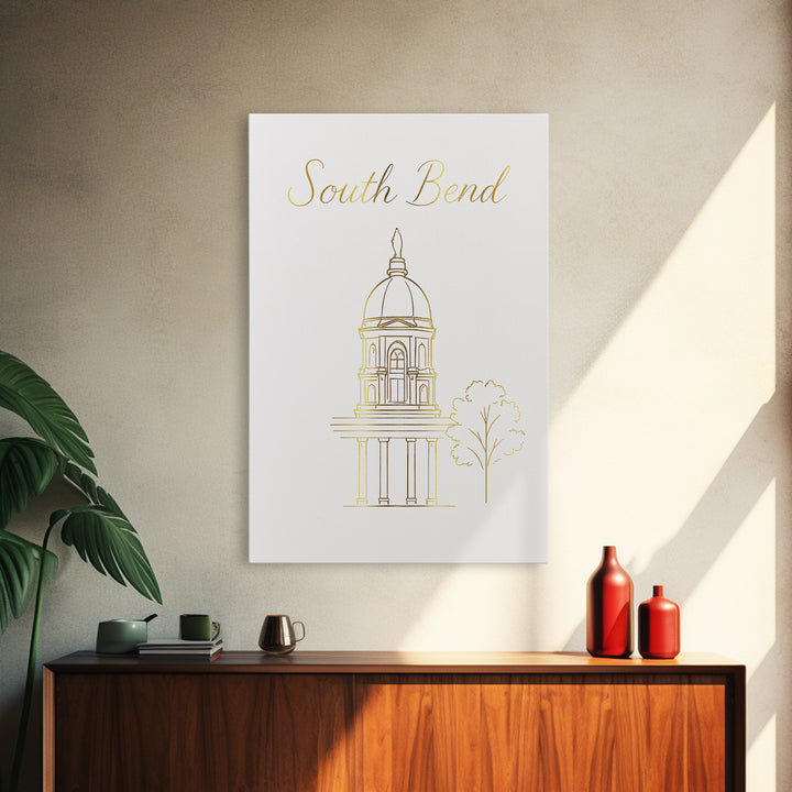 South Bend Travel Poster, Framed Canvas Print, Clean Sketch Wall Art, South Bend City Art, Vintage City Art, Vintage Travel Art