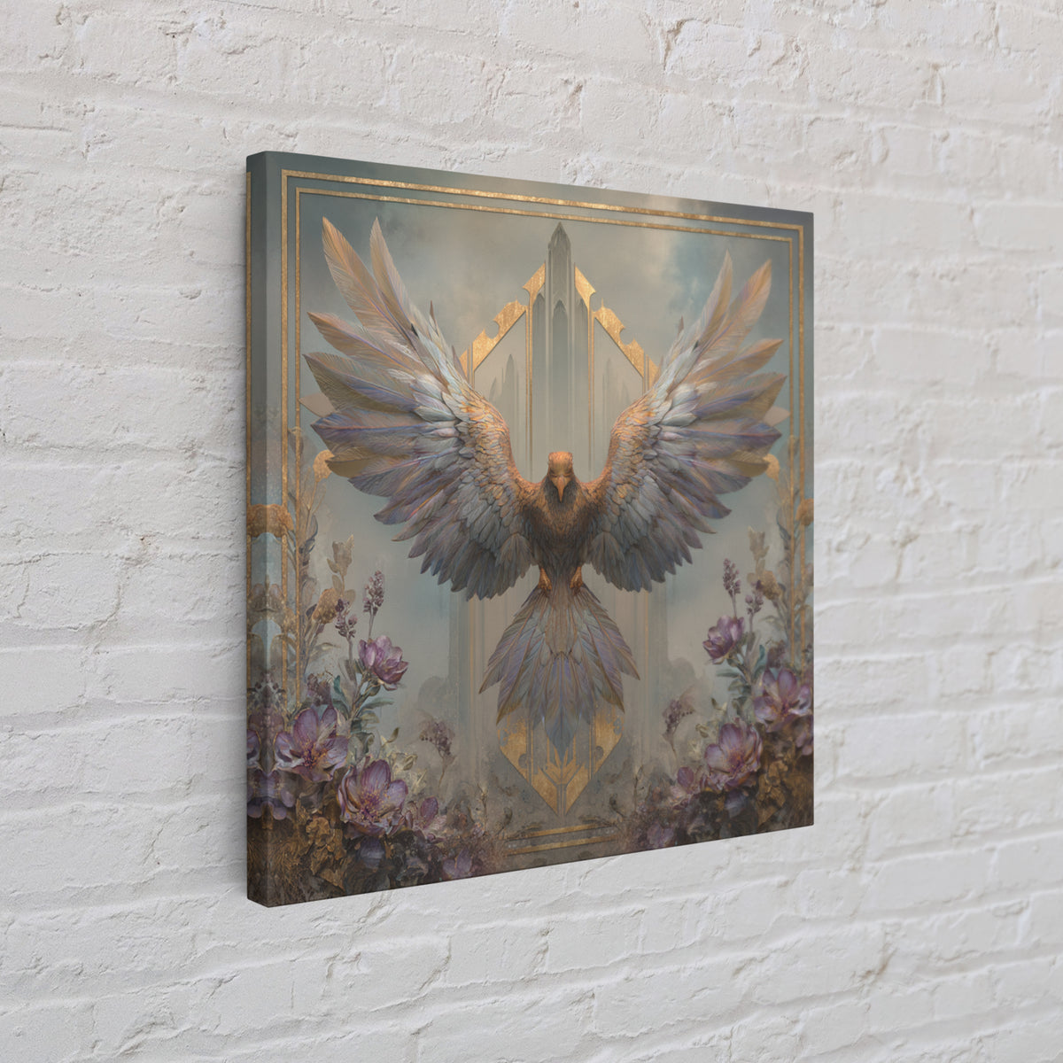 Icarus Falling Through Golden Sky and Feathers Framed Canvas Print, Mythological Art, Living Room Decor, Fine Art, Legend, MYT-1x1-52