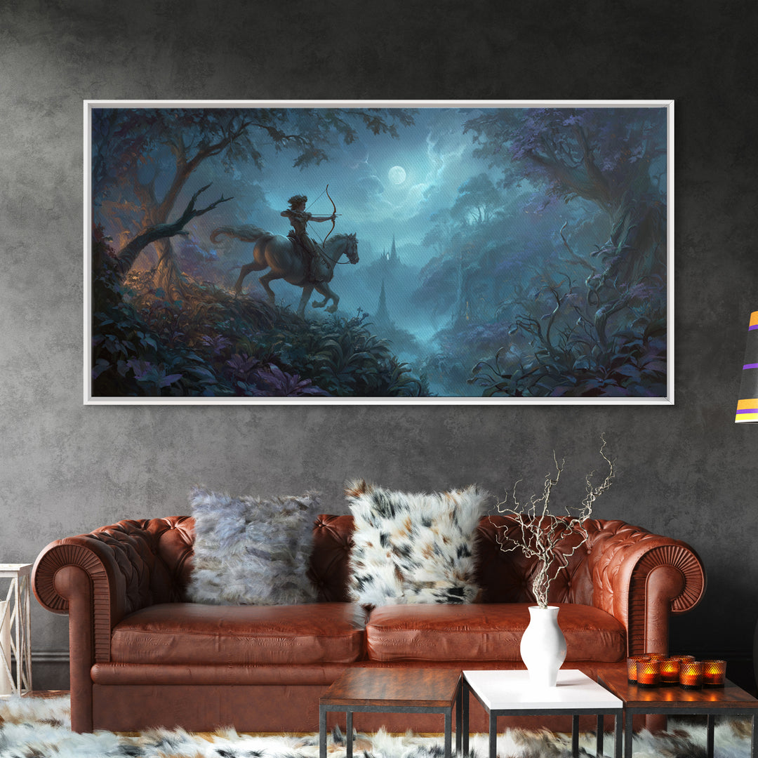 Centaur Archer in Misty Forest Framed Canvas Print, Mythological Art, Luxury Decor, Living Room Decor, Fine Art, Legend, MYT-2x1-12
