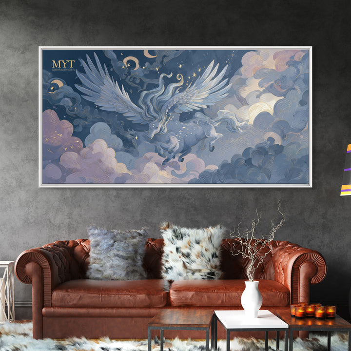 Pegasus Flying Above Cloud Kingdom Canvas Print, Mythological Art, Contemporary Art, Living Room Decor, Fine Art, Legend, MYT-2x1-17