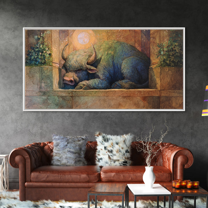 Minotaur in Labyrinth of Warm Stone Framed Canvas Print, Mythological Art, Minimalist Decor, Living Room Decor, Legend, MYT-2x1-37