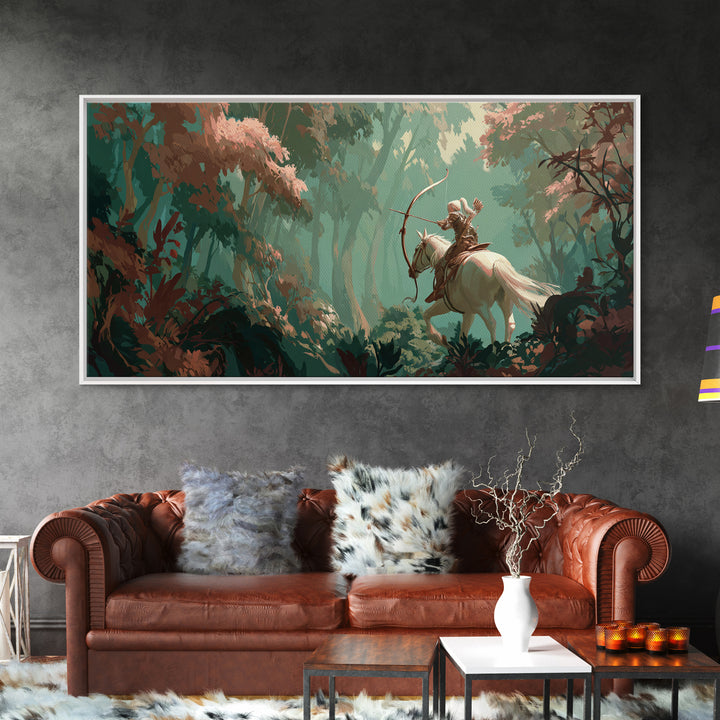 Centaur Archer in Misty Forest Framed Canvas Print, Mythological Art, Prints, Living Room Decor, Legend, Dark Academia Decor, MYT-2x1-60