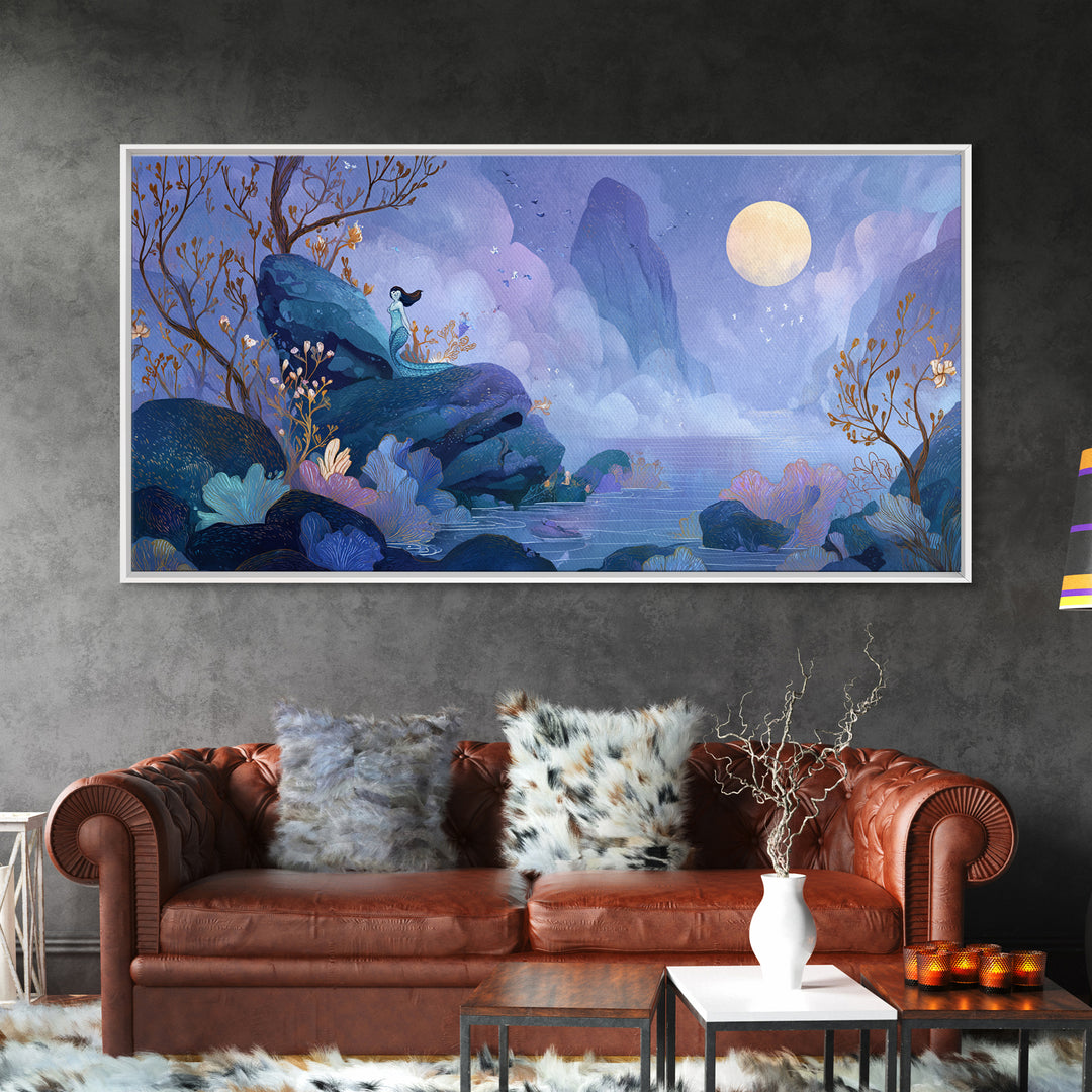 Mermaid Siren on Rocks Framed Canvas Print, Mythological Art, Contemporary Art, Living Room Decor, Legend, Digital Wall Art, MYT-2x1-83