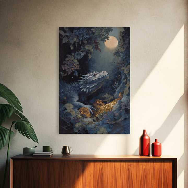 Dragon Guarding a Hoard of Ancient Gold Framed Canvas Print, Mythological Art, Luxury Decor, Living Room Decor, Legend, MYT-2x3-100
