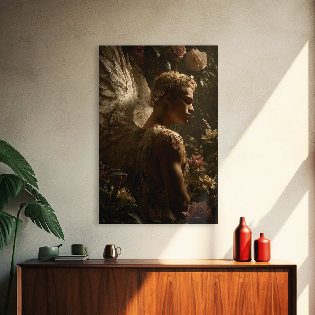 Icarus Falling Through Golden Sky and Feathers Canvas Print, Mythological Art, Living Room Wall Art, Living Room Decor, Legend, MYT-2x3-36