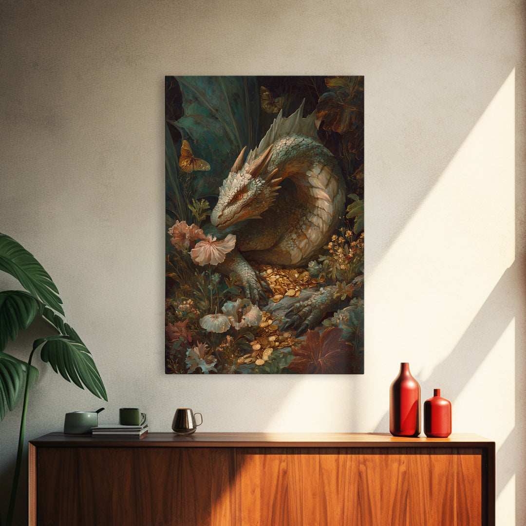 Dragon Guarding a Hoard of Ancient Gold Framed Canvas Print, Mythological Art, Fine Art Print, Living Room Decor, Legend, MYT-2x3-4