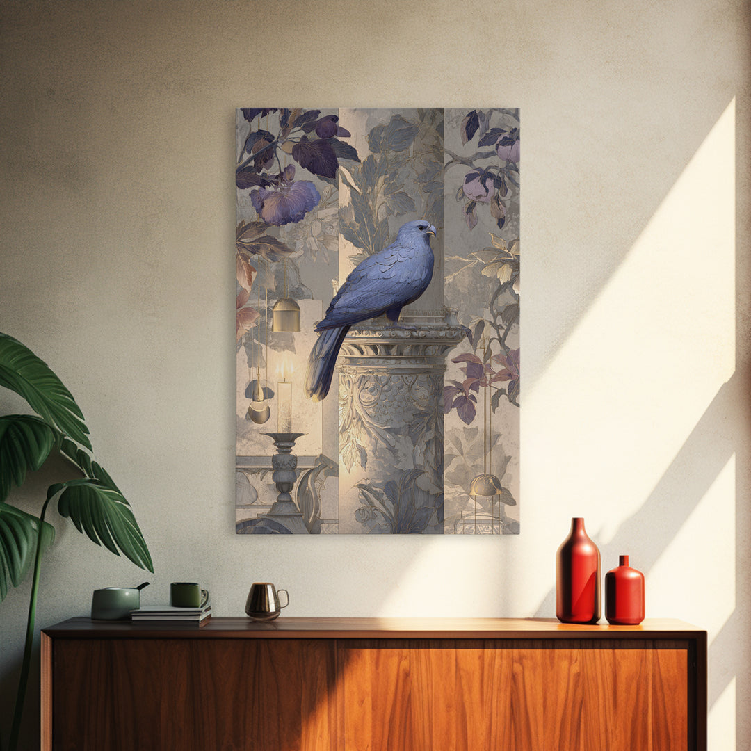 Griffin Perched on Ancient Stone Column Framed Canvas Print, Mythological Art, Textured Painting, Living Room Decor, Legend, MYT-2x3-46