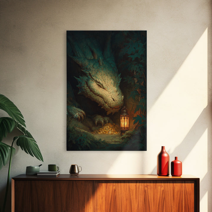 Dragon Guarding a Hoard of Ancient Gold Framed Canvas Print, Mythological Art, Gothic Home Decor, Living Room Decor, Legend, MYT-2x3-76