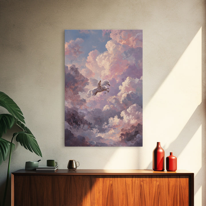 Pegasus Flying Above Cloud Kingdom Canvas Print, Mythological Art, Artwork, Living Room Decor, Legend, Gallery Wall Art, MYT-2x3-77