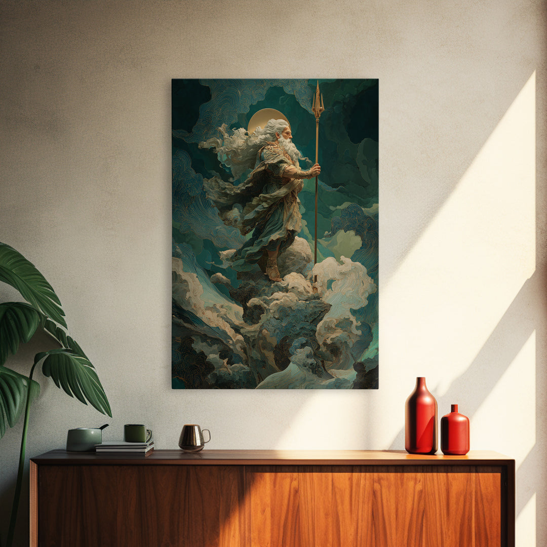 Poseidon Figure Rising from Stormy Ocean Framed Canvas Print, Mythological Art, Portrait, Living Room Decor, Fine Art, Legend, MYT-2x3-83