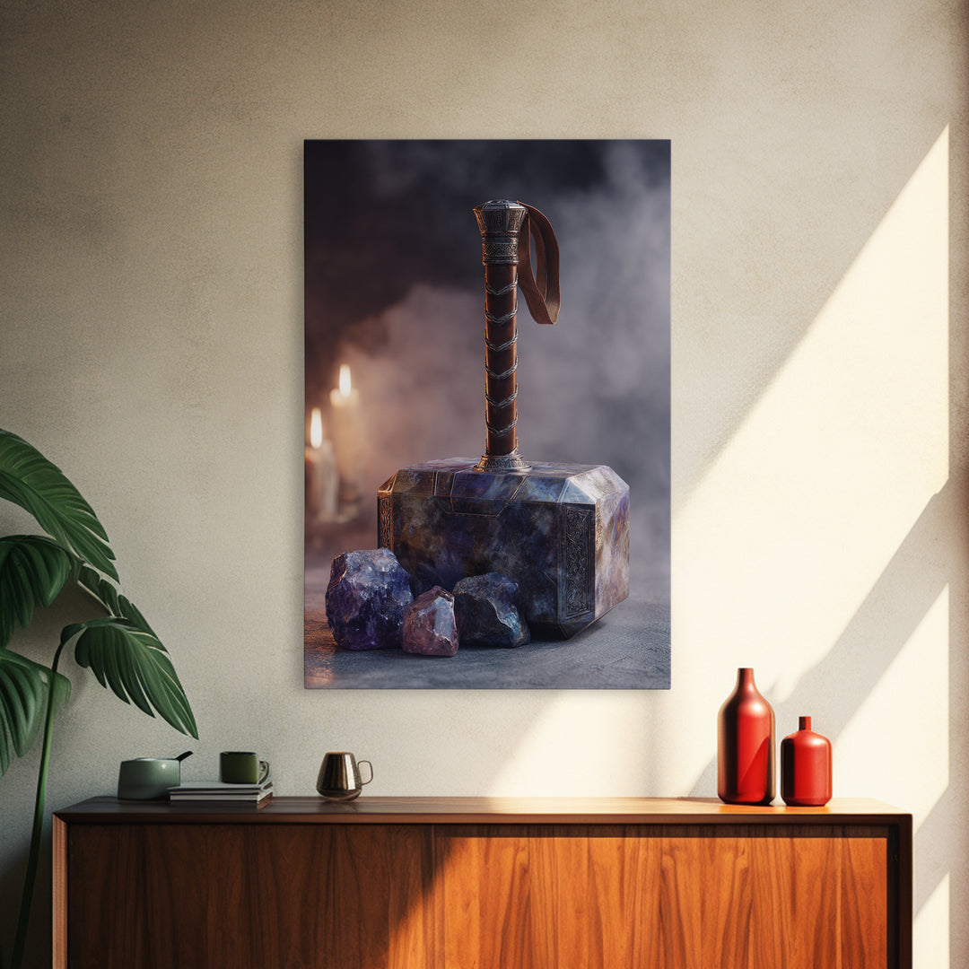 Thor Hammer and Lightning Still Life Framed Canvas Print, Mythological Art, Print, Living Room Decor, Fine Art, Legend, MYT-2x3-90