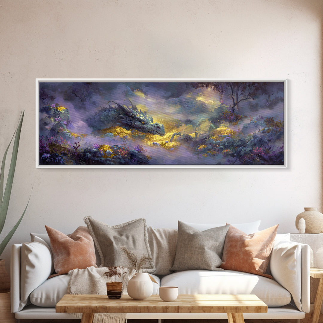 Dragon Guarding a Hoard of Ancient Gold Canvas Print, Mythological Art, Digital Art Download, Living Room Decor, Legend, MYT-3x1-36