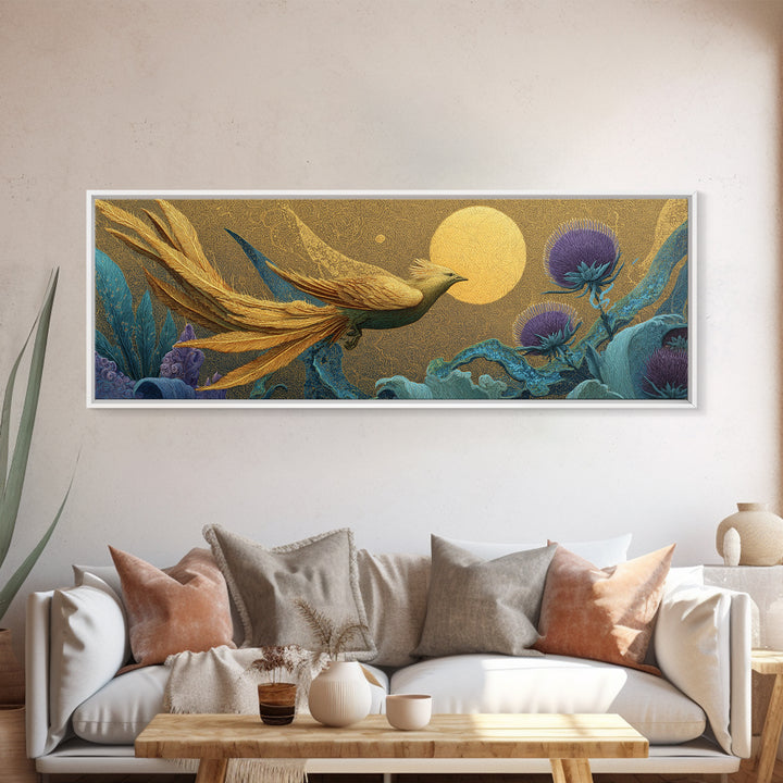 Icarus Falling Through Golden Sky and Feathers Framed Canvas Print, Mythological Art, Gallery Decor, Living Room Decor, Legend, MYT-3x1-44