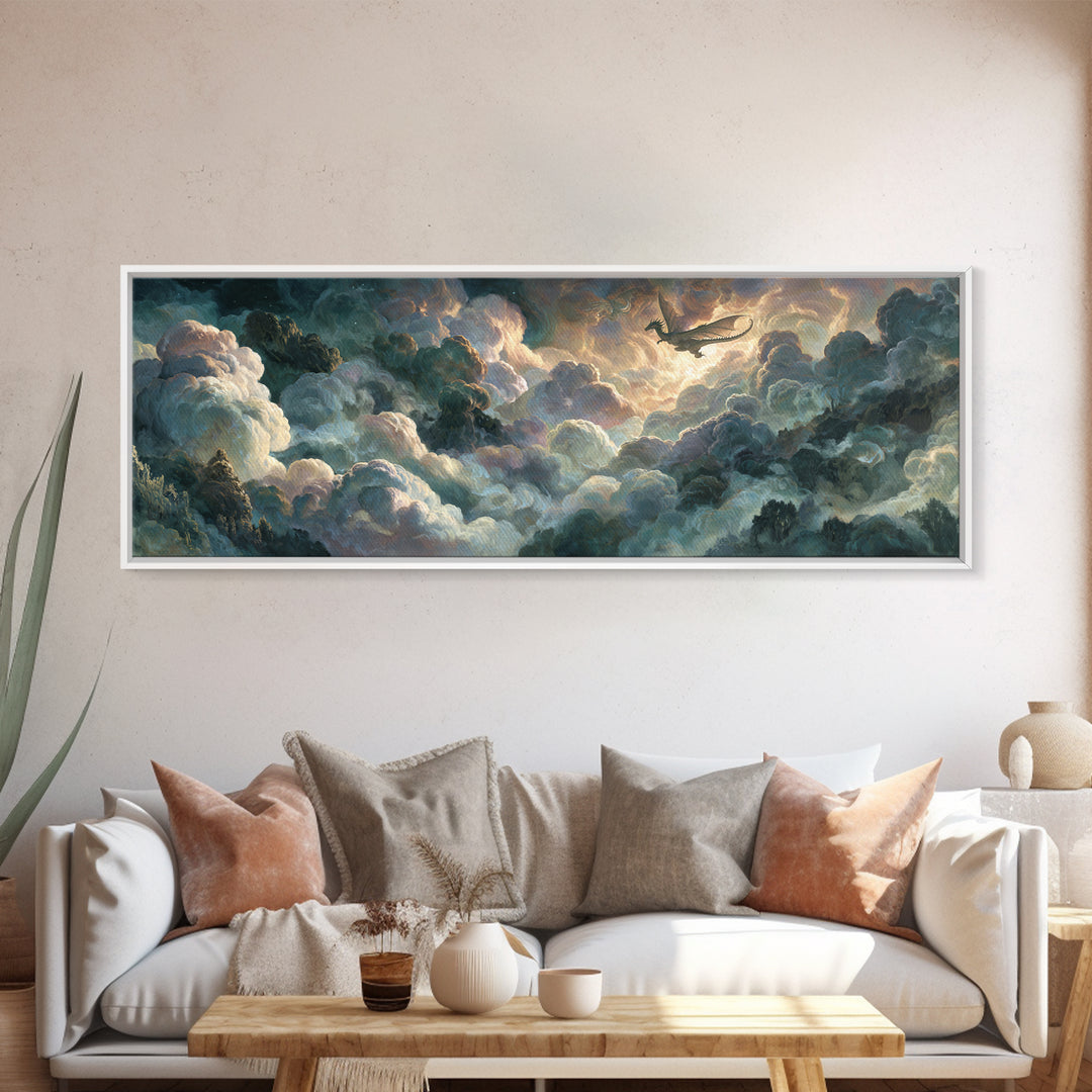 Pegasus Flying Above Cloud Kingdom Canvas Print, Mythological Art, Bedroom Wall Art, Living Room Decor, Oil Painting, Legend, MYT-3x1-85