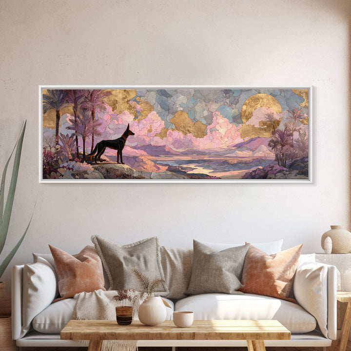 Anubis Profile with Desert Stars Framed Canvas Print, Mythological Art, Living Room Decor, Oil Painting, Legend, MYT-3x1-99