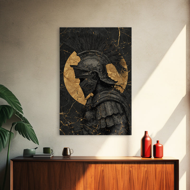 Roman Warrior Gold Canvas Print, Ancient Soldier Wall Art On Canvas, Real Wood Frame Decor, Historical Mythology Artwork