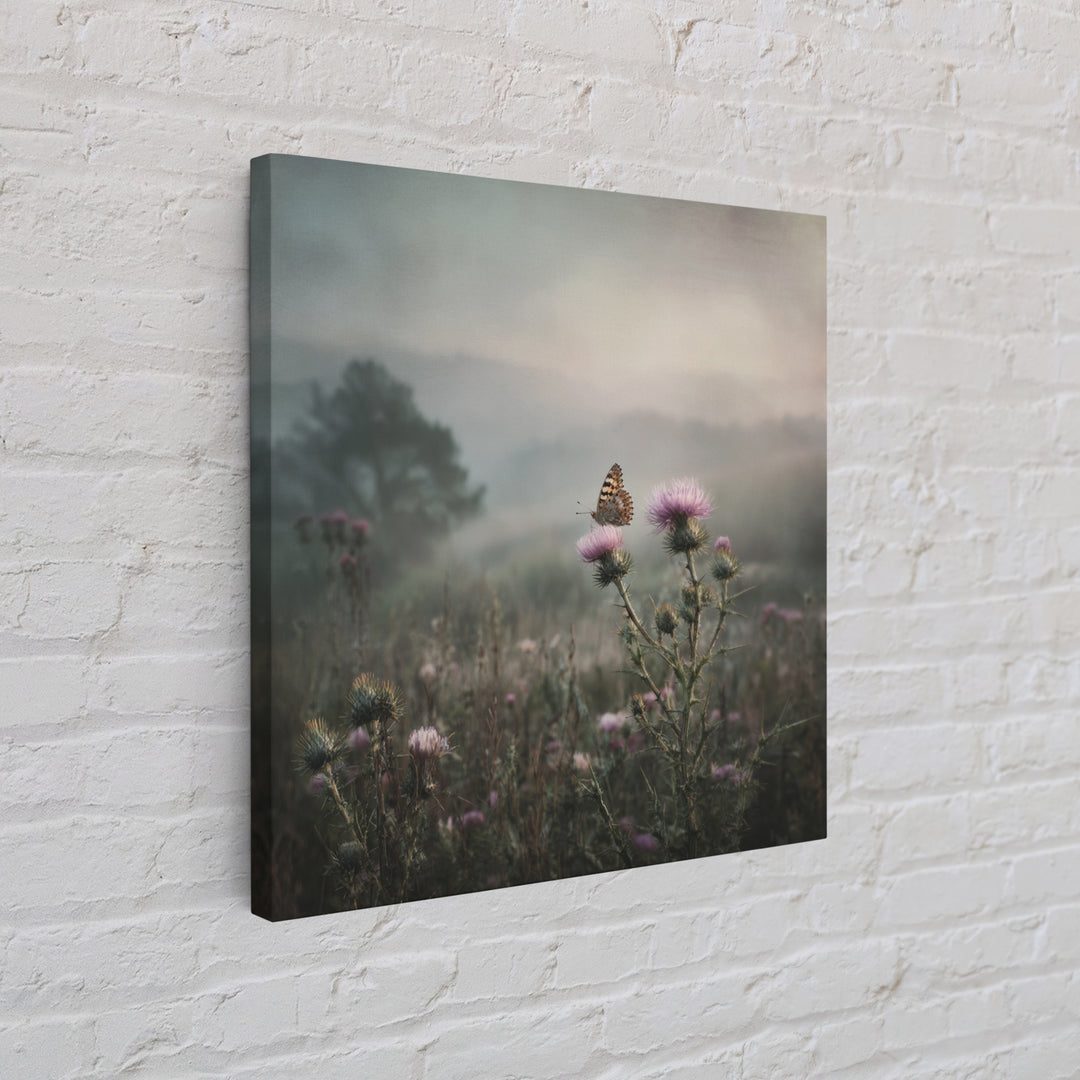 Butterfly Resting on a Blooming Thistle Framed Canvas Print, Nature Art, Mountain Art, Living Room Decor, Watercolor Art, NAT-1x1-100