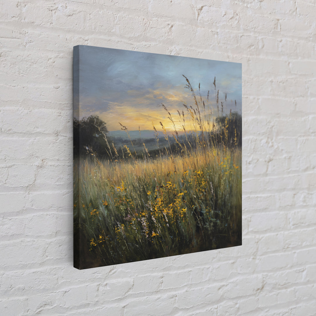 Sunrise Through Tall Grass and Wildflowers Framed Canvas Print, Nature Art, Framed Art, Living Room Decor, Watercolor Art, NAT-1x1-11