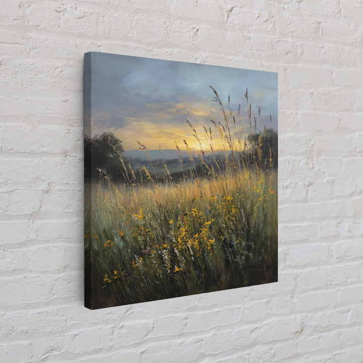 Sunrise Through Tall Grass and Wildflowers Framed Canvas Print, Nature Art, Framed Art, Living Room Decor, Watercolor Art, NAT-1x1-11