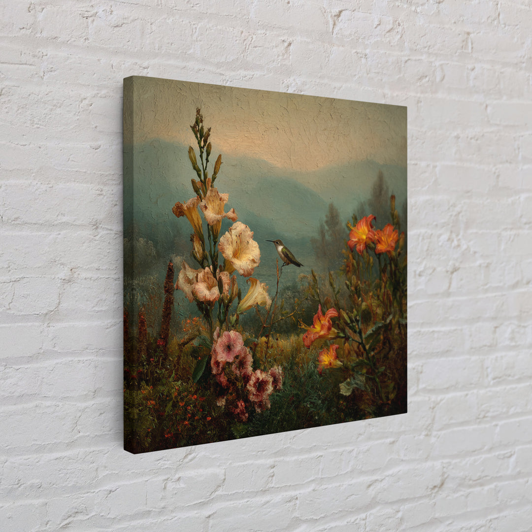 Hummingbird Beside Bright Trumpet Flowers Framed Canvas Print, Nature Art, Art, Living Room Decor, Oil Painting, Nature, NAT-1x1-12