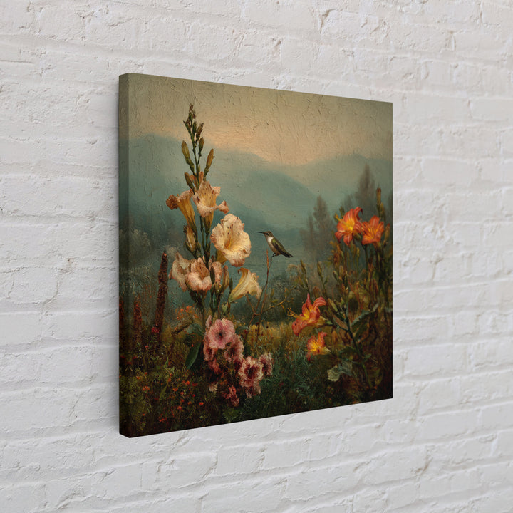 Hummingbird Beside Bright Trumpet Flowers Framed Canvas Print, Nature Art, Art, Living Room Decor, Oil Painting, Nature, NAT-1x1-12