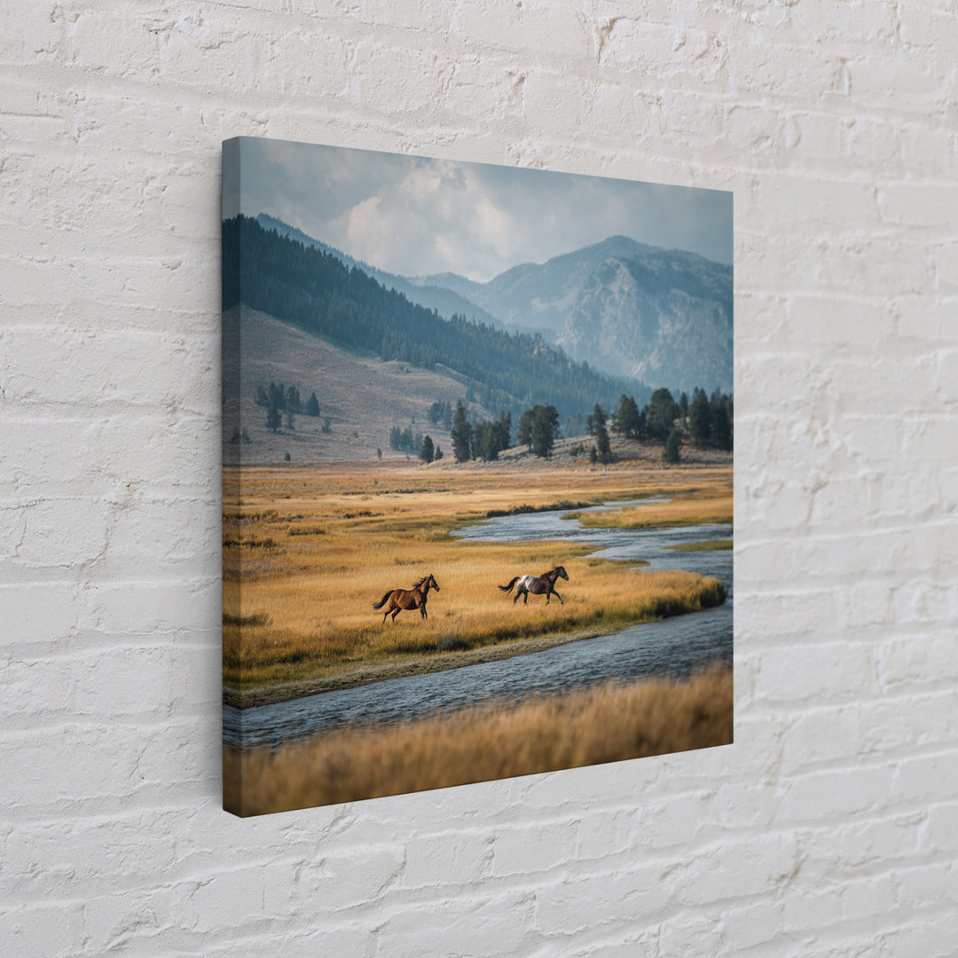 Wild Horses Running Near Mountain Ridge Canvas Print, Nature Art, Modern Wall Art, Living Room Decor, Fine Art, Nature, NAT-1x1-22