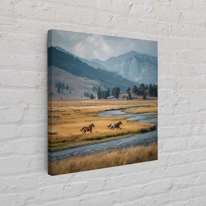 Wild Horses Running Near Mountain Ridge Canvas Print, Nature Art, Modern Wall Art, Living Room Decor, Fine Art, Nature, NAT-1x1-22