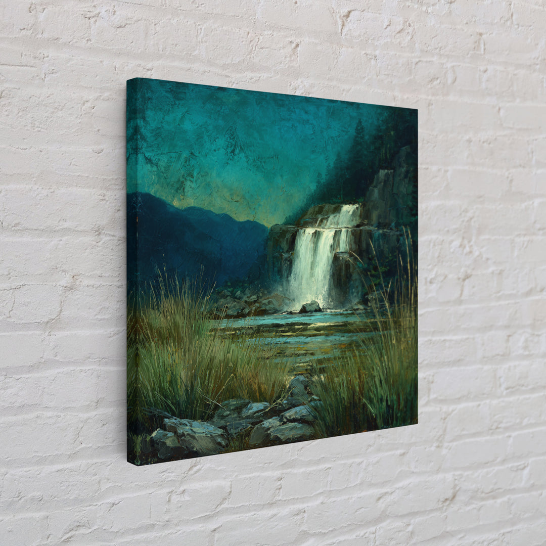 Waterfall Hidden Among Dark Green Rocks Framed Canvas Print, Nature Art, 3d Wall Art, Living Room Decor, Fine Art, Nature, NAT-1x1-27