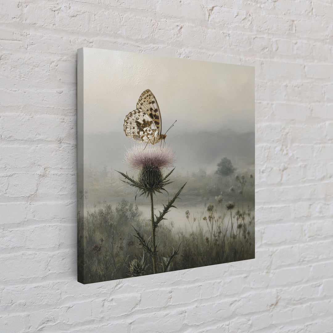 Butterfly Resting on a Blooming Thistle Framed Canvas Print, Nature Art, Living Room Decor, Oil Painting, Nature, NAT-1x1-28