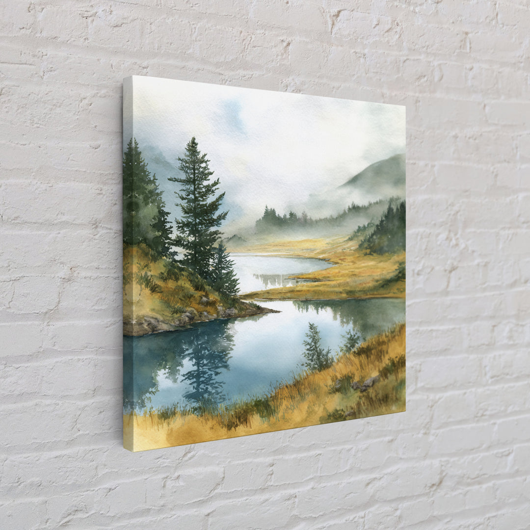 Misty Mountain Lake Framed Canvas Print, Nature Art, Fine Art Print, Living Room Decor, Watercolor Art, Nature, Poster, NAT-1x1-29