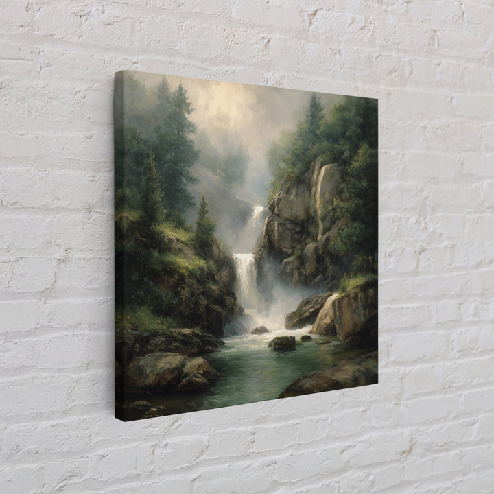 Waterfall Hidden Among Dark Green Rocks Canvas Print, Nature Art, Floral, Living Room Decor, Abstract Art, Nature, Moss Art, NAT-1x1-3