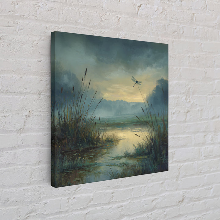 Dragonfly over a Pond with Reeds Framed Canvas Print, Nature Art, Moss Art, Living Room Decor, Abstract Art, Nature, NAT-1x1-42
