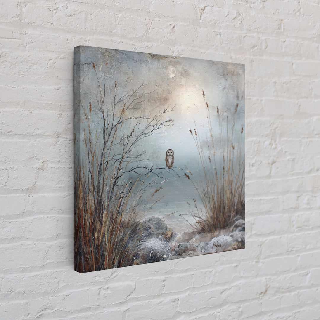 Owl in Moonlit Branches Framed Canvas Print, Nature Art, Living Room Wall Art, Living Room Decor, Nature, Neutral Decor, NAT-1x1-43