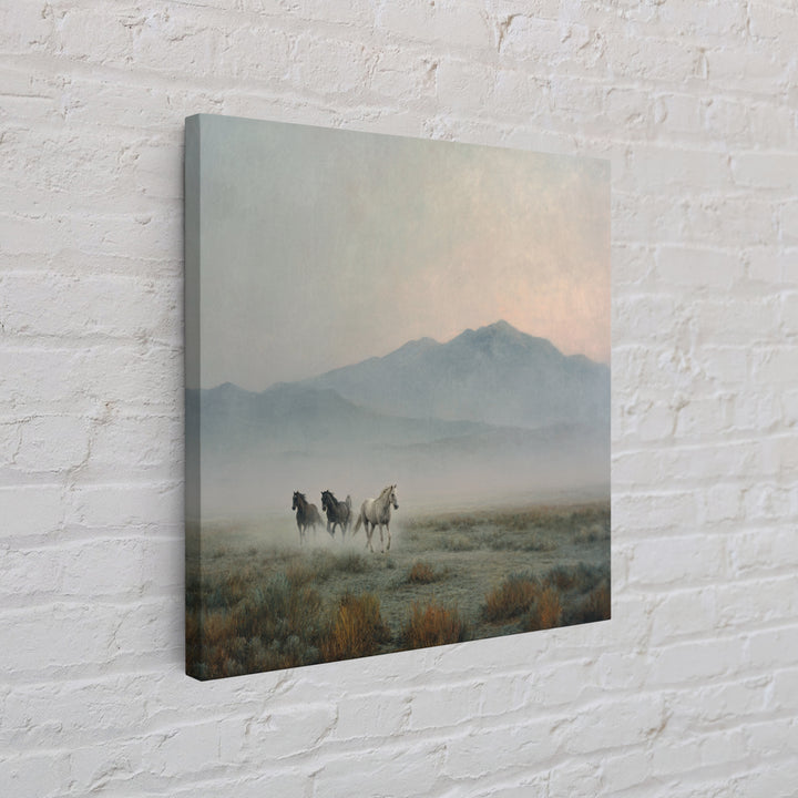Wild Horses Running Near Mountain Ridge Framed Canvas Print, Nature Art, Landscape Art, Living Room Decor, Oil Painting, Nature, NAT-1x1-46