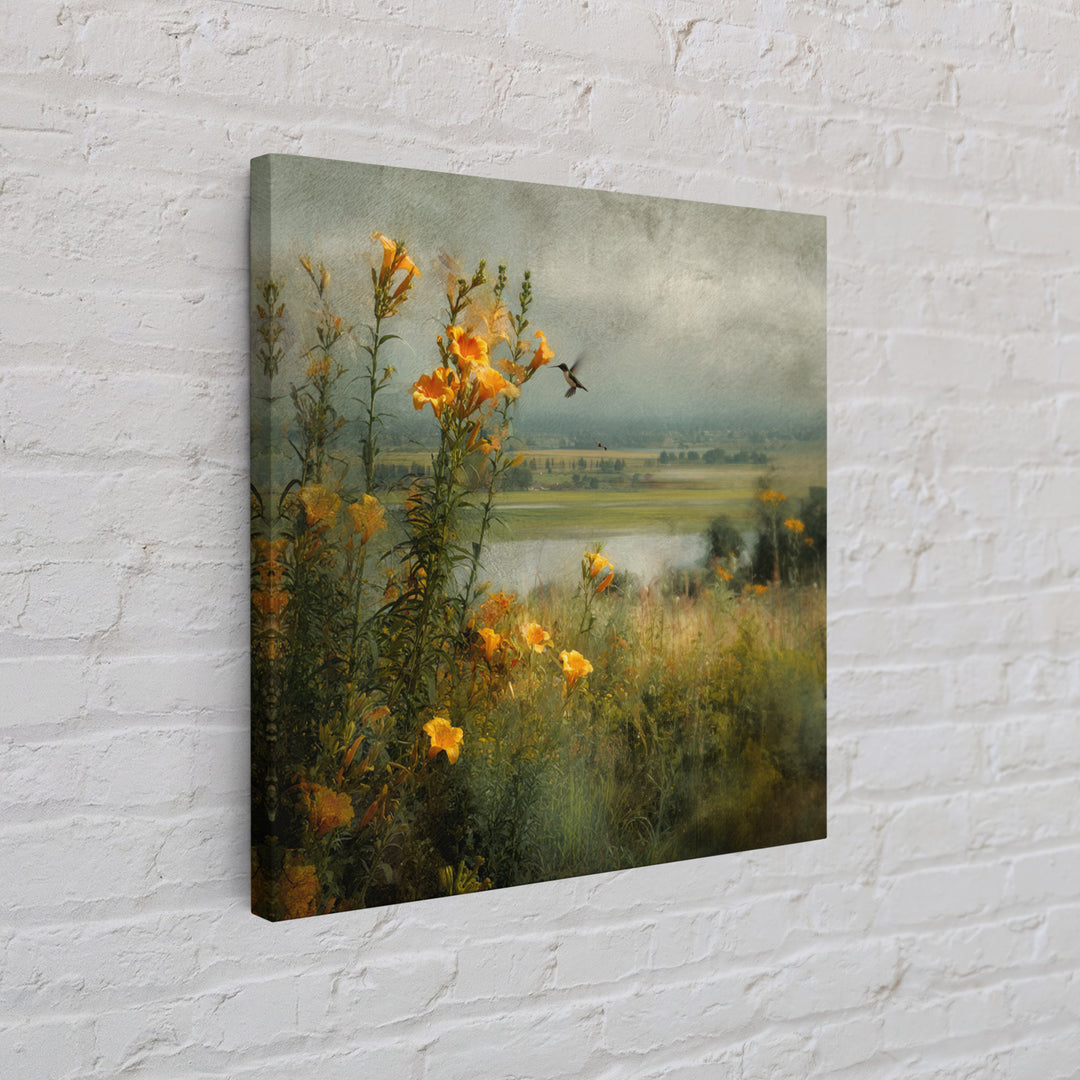 Hummingbird Beside Bright Trumpet Flowers Canvas Print, Nature Art, Stained Glass Art, Living Room Decor, Fine Art, Nature, NAT-1x1-60