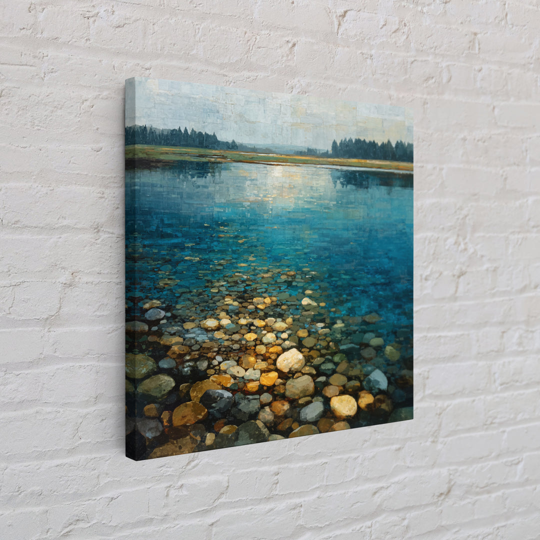 River Stones under Clear Shallow Water Framed Canvas Print, Nature Art, Mountain Art, Living Room Decor, Oil Painting, Nature, NAT-1x1-61