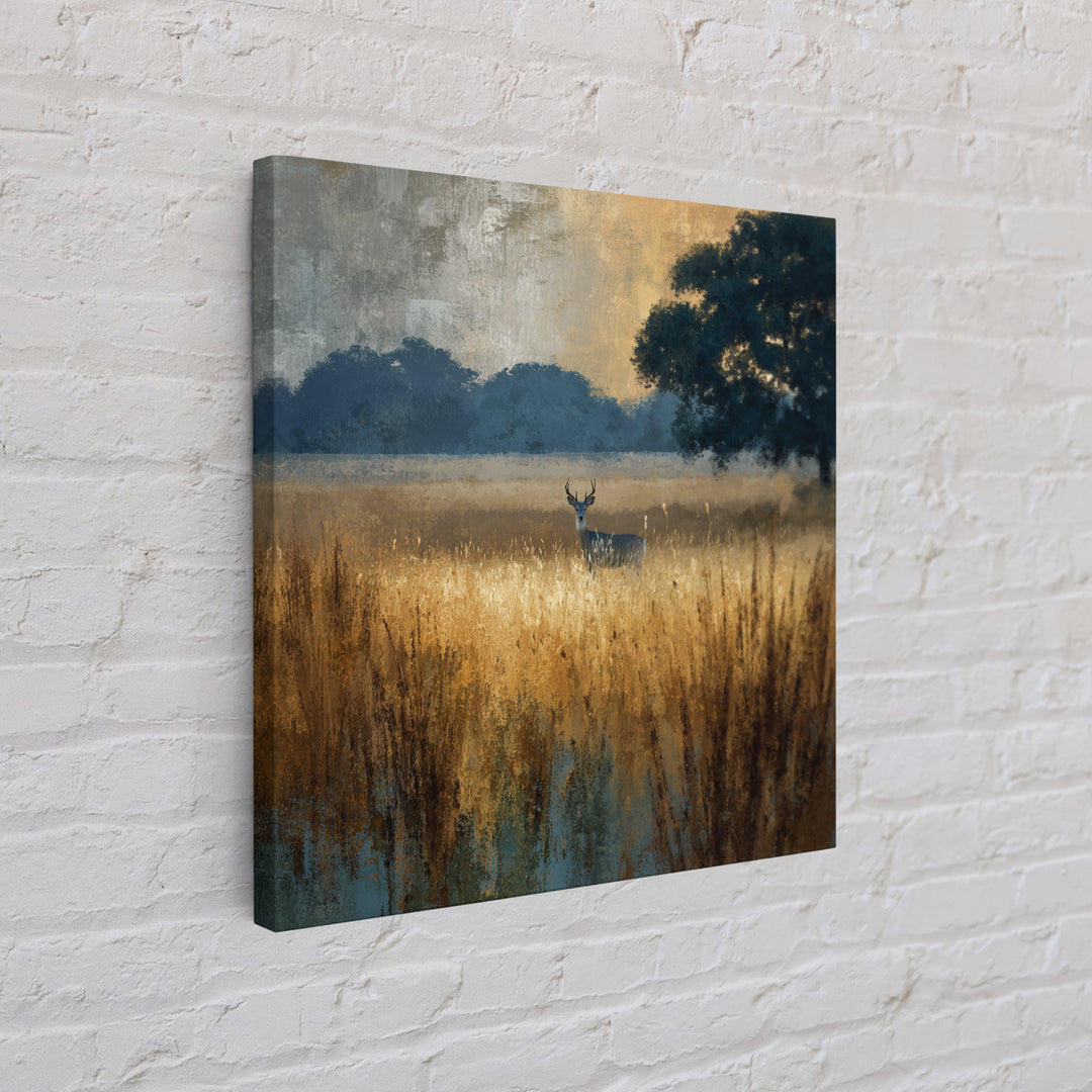 Deer Standing in a Golden Field Framed Canvas Print, Nature Art, Wall Hangings, Living Room Decor, Nature, Stained Glass Art, NAT-1x1-8