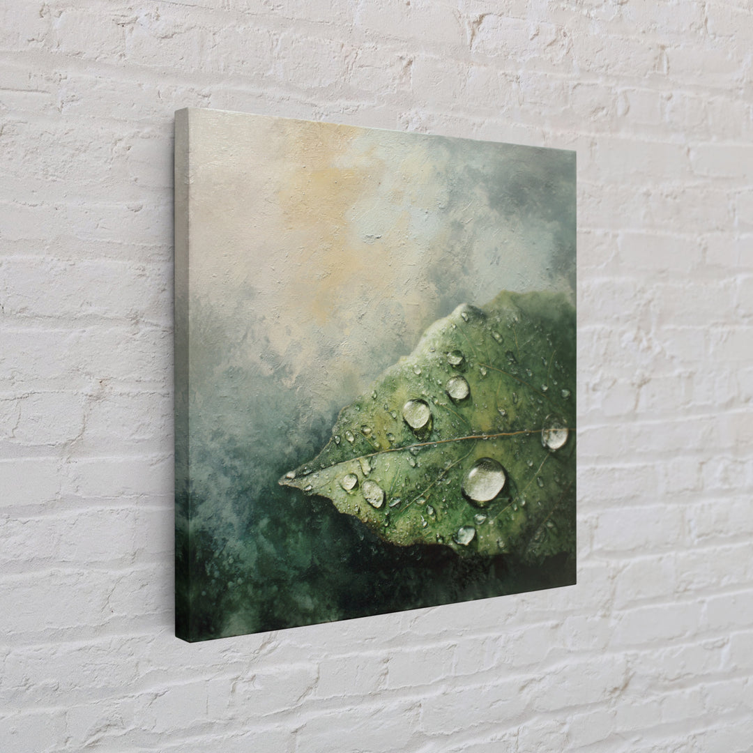 Rain Drops on a Large Green Leaf Canvas Print, Nature Art, Textured Painting, Living Room Decor, Oil Painting, Nature, NAT-1x1-81