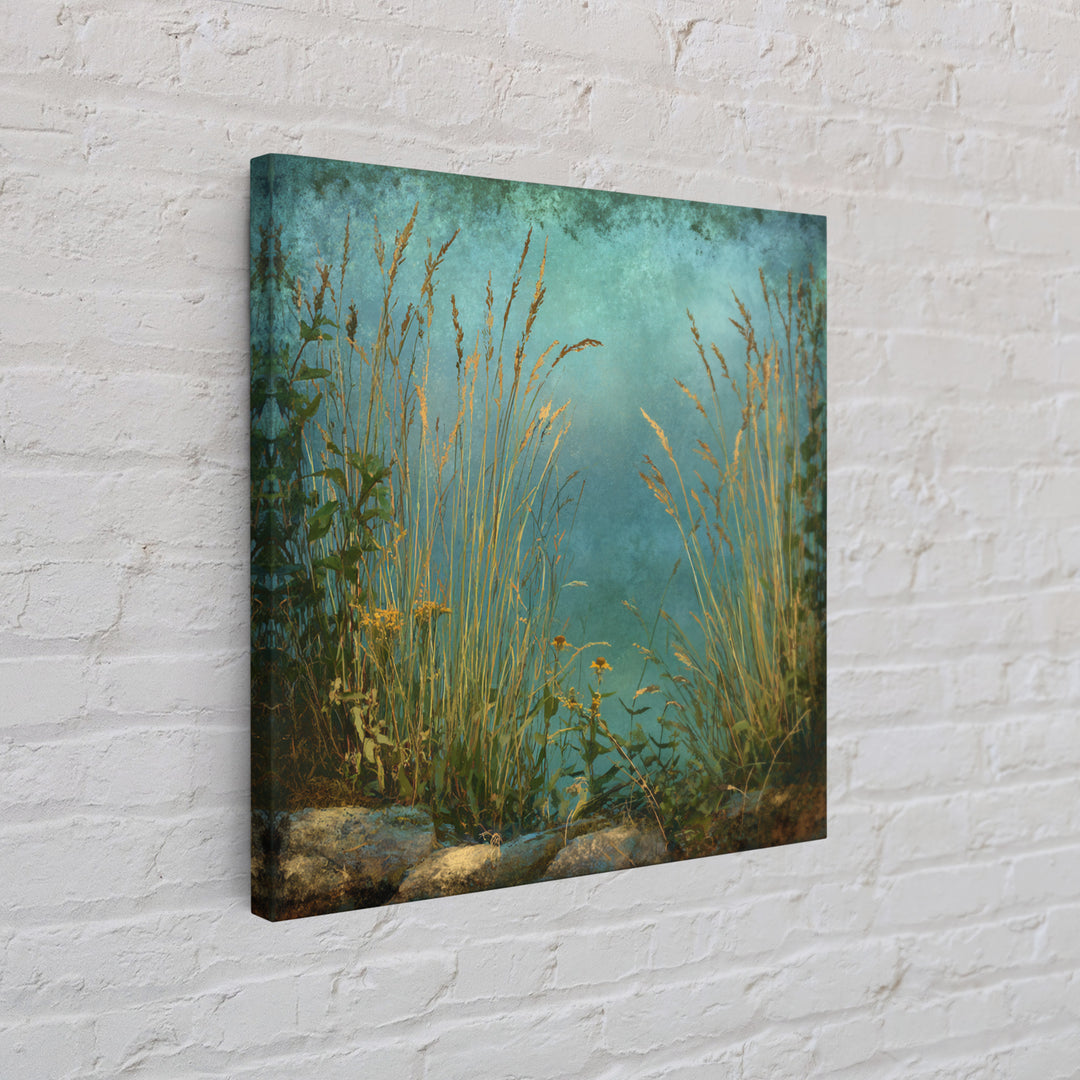 Sunrise Through Tall Grass and Wildflowers Framed Canvas Print, Nature Art, Statement Artwork, Living Room Decor, Oil Painting, NAT-1x1-83