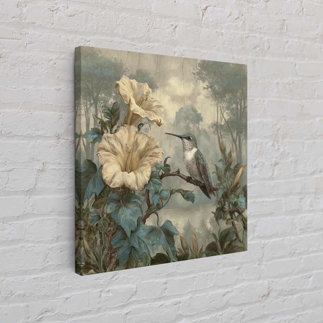 Hummingbird Beside Bright Trumpet Flowers Framed Canvas Print, Nature Art, Ocean Art, Living Room Decor, Fine Art, Nature, NAT-1x1-84