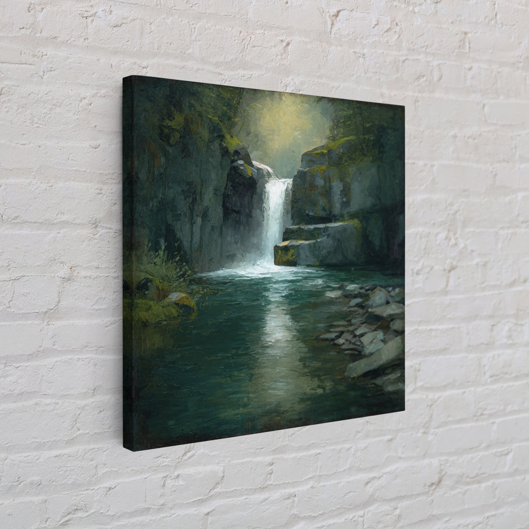 Waterfall Hidden Among Dark Green Rocks Canvas Print, Nature Art, Wall Art, Living Room Decor, Fine Art, Nature, Wood Wall Art, NAT-1x1-99