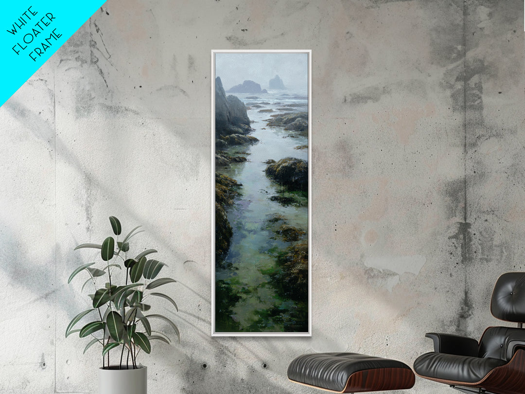 Calm Beach Tide Pooling Around Rocks Canvas Print, Nature Art, Boho Decor, Living Room Decor, Oil Painting, Nature, Wall Decor, NAT-1x3-12