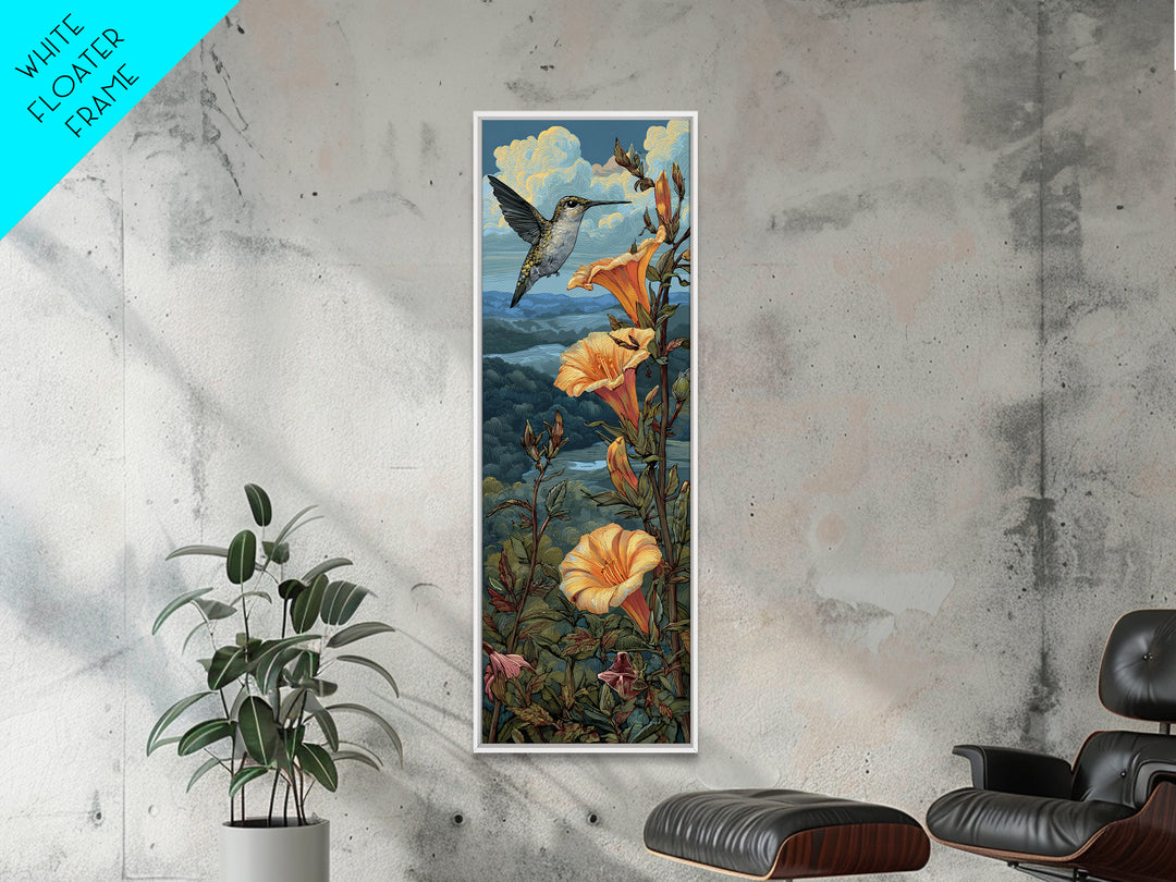 Hummingbird Beside Bright Trumpet Flowers Framed Canvas Print, Nature Art, Art Print, Living Room Decor, Oil Painting, Nature, NAT-1x3-24