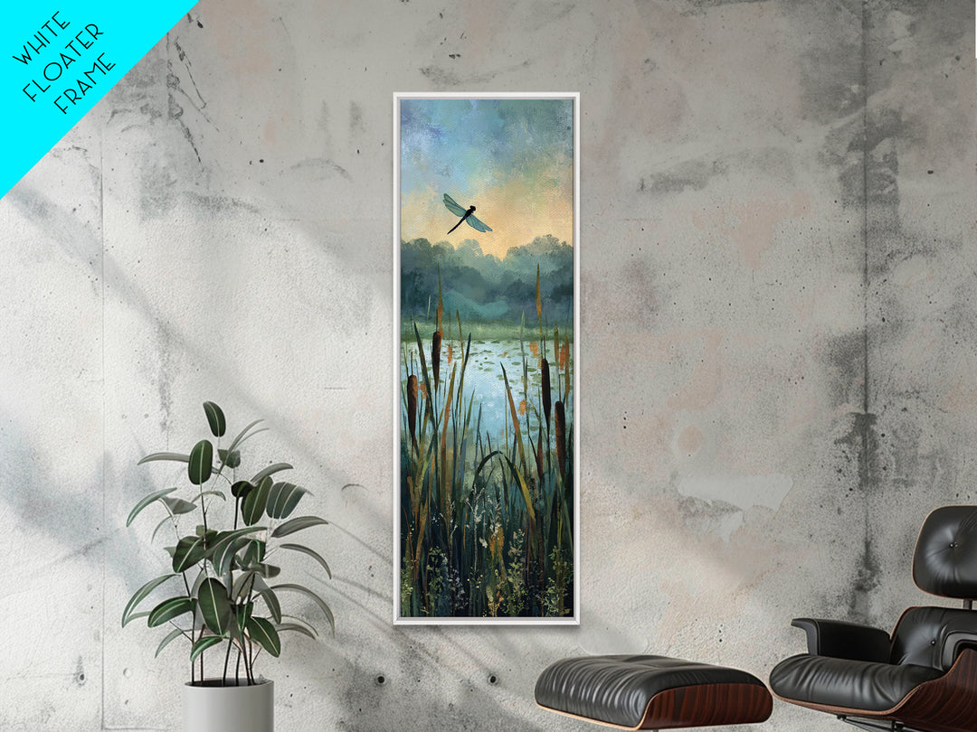 Dragonfly over a Pond with Reeds Framed Canvas Print, Nature Art, Botanical Art, Living Room Decor, Oil Painting, Nature, NAT-1x3-30