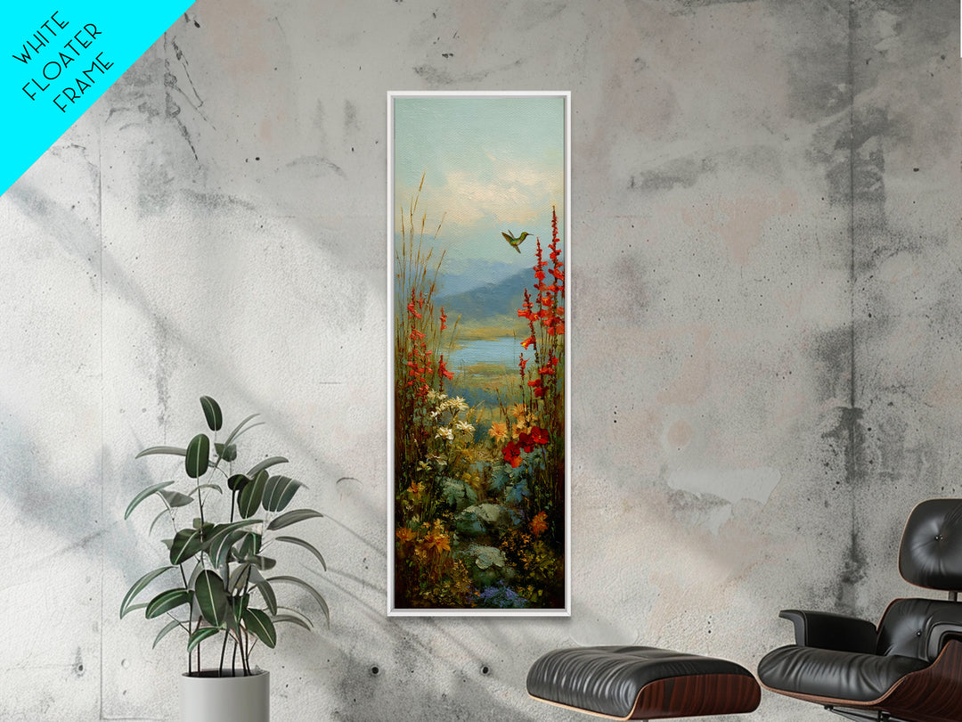 Hummingbird Beside Bright Trumpet Flowers Canvas Print, Nature Art, Wall Art, Living Room Decor, Watercolor Art, Nature, NAT-1x3-48