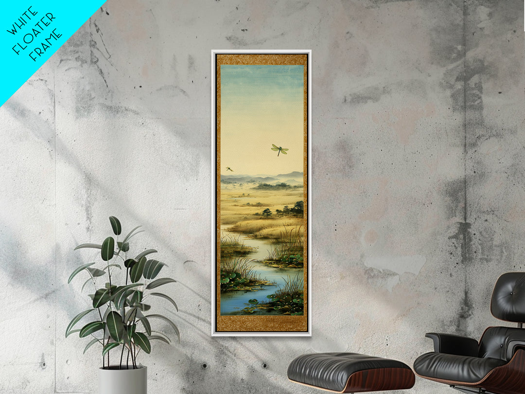 Dragonfly over a Pond with Reeds Framed Canvas Print, Nature Art, Botanical Art, Living Room Decor, Oil Painting, Nature, NAT-1x3-54